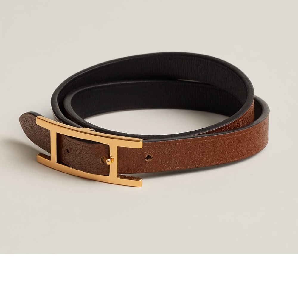 Hermes Behapi Double Tour Reversible Noir Fauve Gold T3